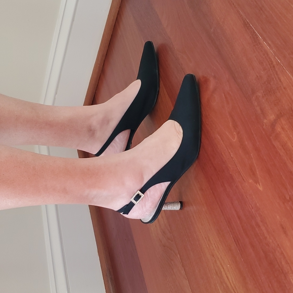 Stuart Weitzman Black Bedazzled Sling Back Evening Heel - Picture 2 of 13
